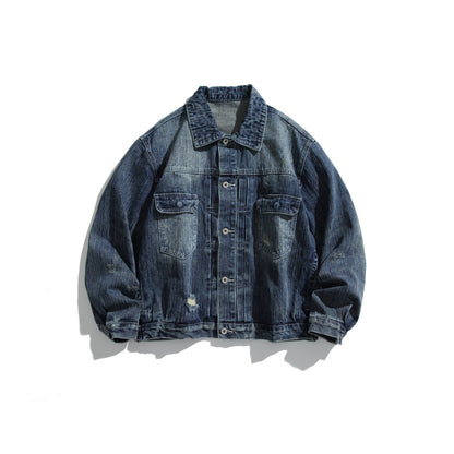 Unisex Oversized Denim Jacket in Vintage Look with Artificial Worn Areas and Chest Pockets EVA-US