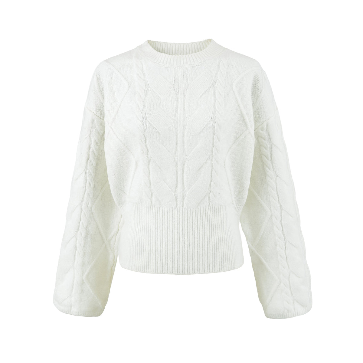 Women's Short Cable Knit Sweater with Fitted Ribbed Cuffs EVA-US