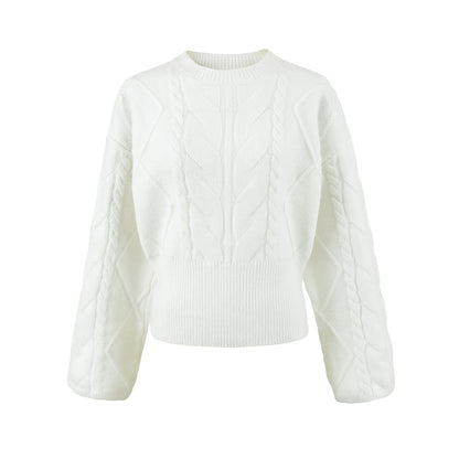 Women's Short Cable Knit Sweater with Fitted Ribbed Cuffs EVA-US