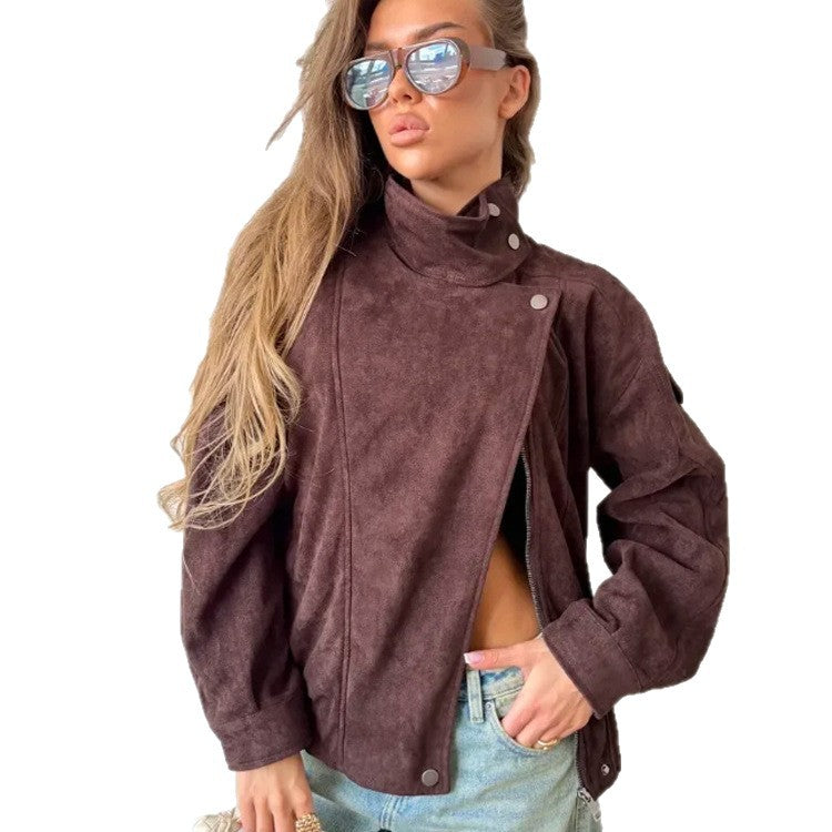 Women Oversize Suede-Look Biker Jacket with High Stand-Up Collar EVA-US