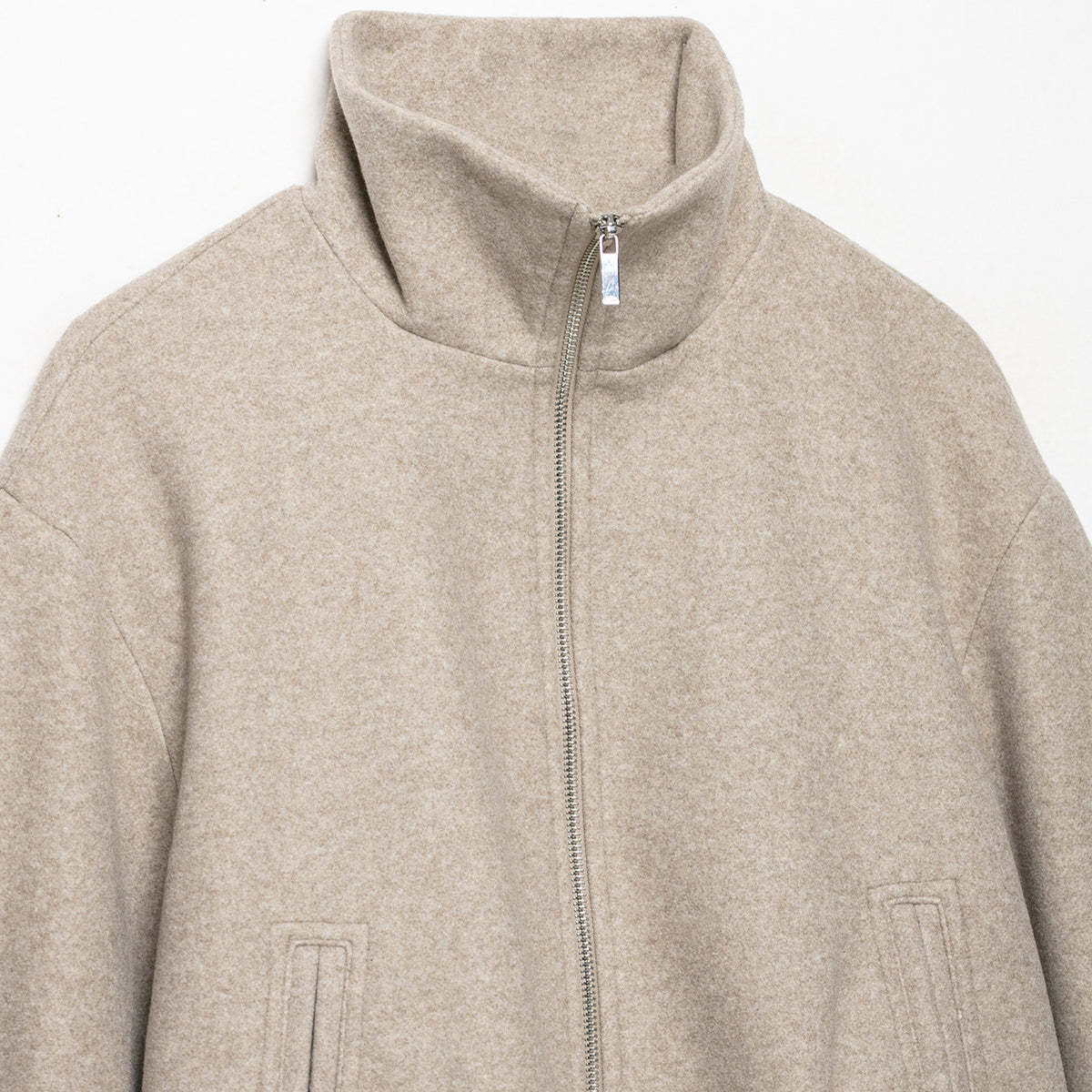 Women's Cropped Wool Blend Blouson Jacket with High Funnel Neck, Zipper and Gathered Hem