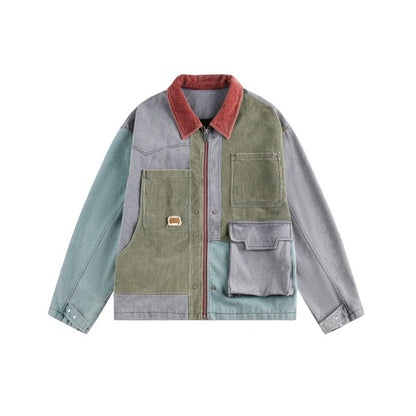 Unisex Boxy‑Patchwork‑Cord Jacket with Contrasting Collar and Multifunction Pockets EVA-US