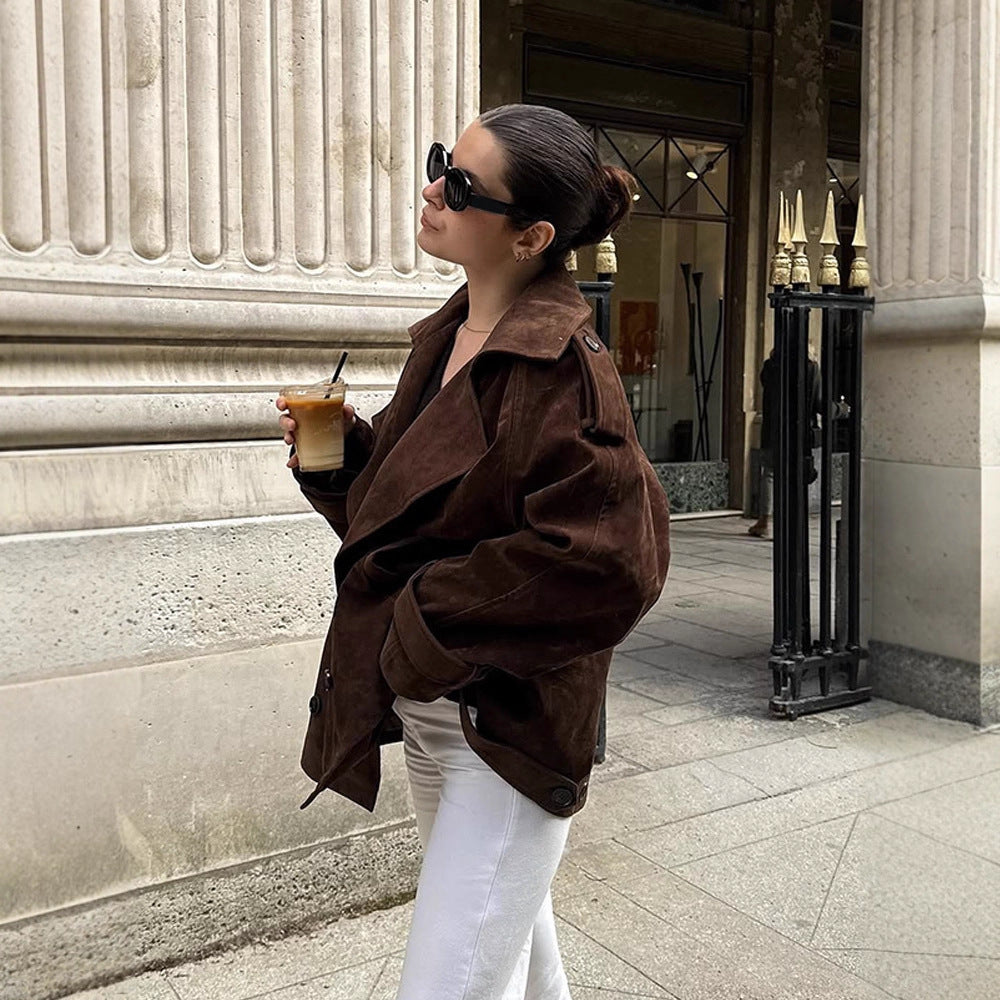 Women's short trench coat in suede look with wide lapels and boxy silhouette EVA-US