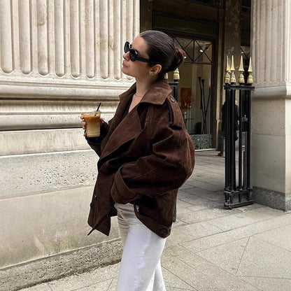 Women's short trench coat in suede look with wide lapels and boxy silhouette EVA-US
