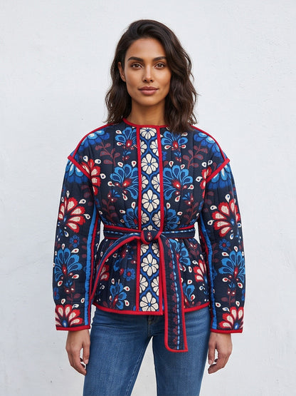 Women's Tailored Quilted Jacquard Cotton Jacket with Folk Floral Pattern & Tied Belt EVA-US