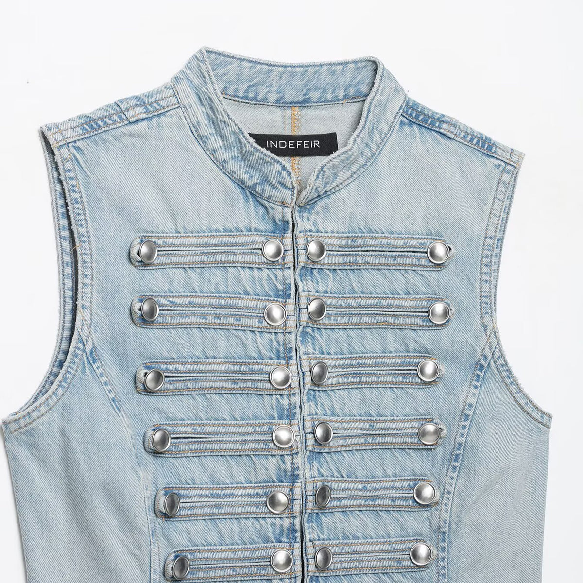 Women's jeans vest in military look with stand-up collar and decorative press stud placket EVA-US