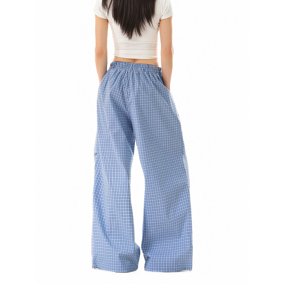 Women's loose cotton pants with elastic waistband, check pattern and adjustable hem drawstring EVA-US