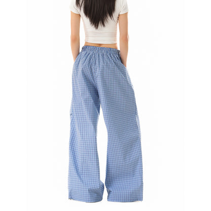 Women's loose cotton pants with elastic waistband, check pattern and adjustable hem drawstring EVA-US