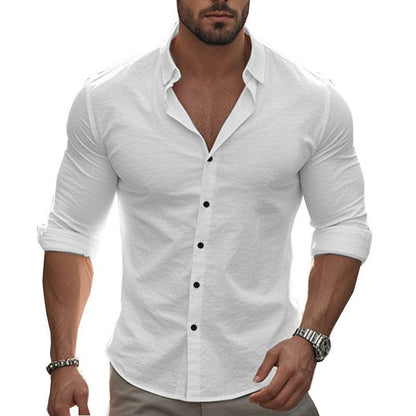 Men's fitted stretch shirt with stand-up collar, slim fit and rolled-up sleeves EVA-US