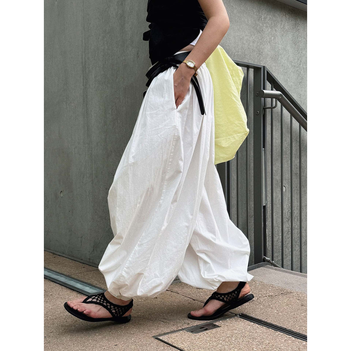 Women Wide Balloon Culotte with High Elastic Waistband and Crinkled Linen Look EVA-US
