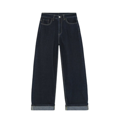 Women Highwaist Wide-Leg Jeans with Wide Leg and Turn-Up Hem EVA-US
