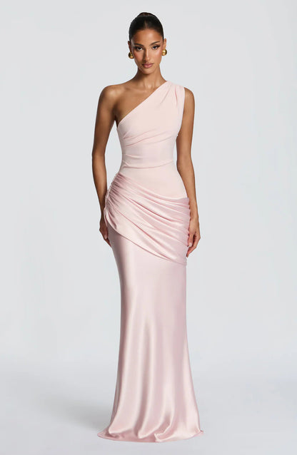 Women's Elegant One-Shoulder Maxi Dress with Refined Draping Details