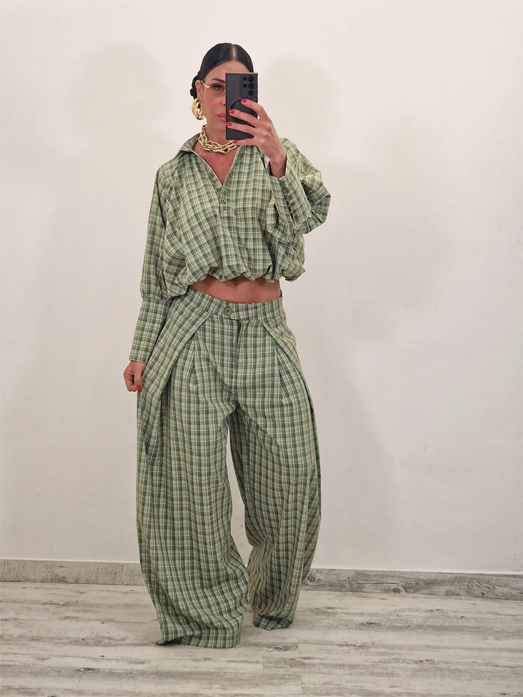 Women Two-Piece Checked Set with Cropped Oversized Shirt and Wide Pleated Trousers EVA-US