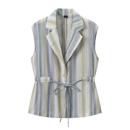 Women's Two-Piece Linen Look Set with Sleeveless Blazer Vest, Waistband and Wide Pleated Trousers EVA-US