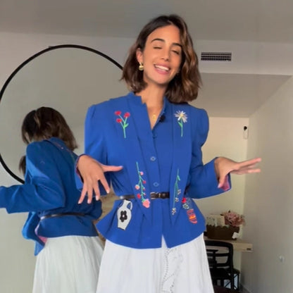 Women Embroidered Tailored Short Jacket with Peplum and Belt EVA-US