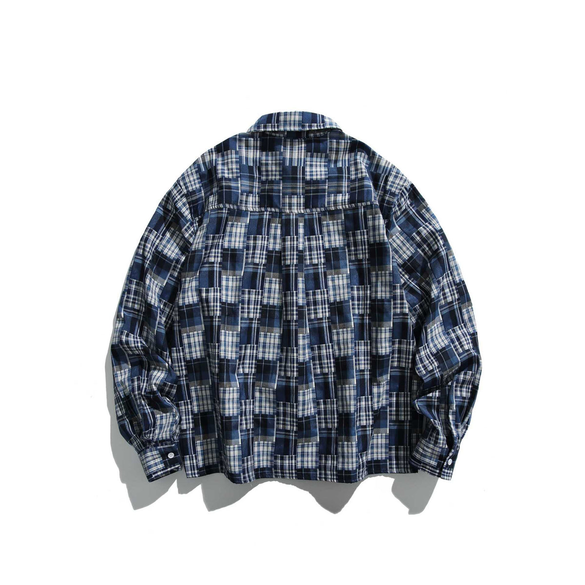 Unisex patchwork check shirt jacket in oversized boxy cut with chest pocket and Kent collar EVA-US