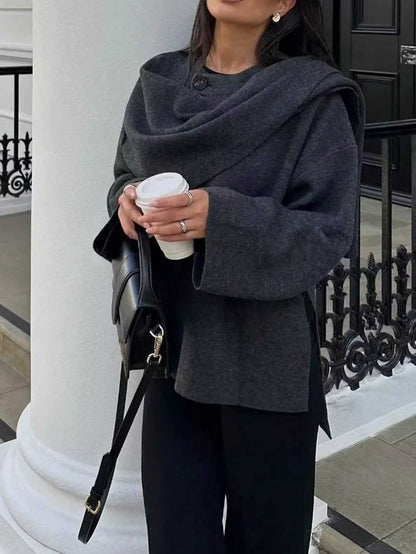 Women Oversize Wrap Poncho Coat with Wide Shawl Collar and One-Button Detail EVA-US