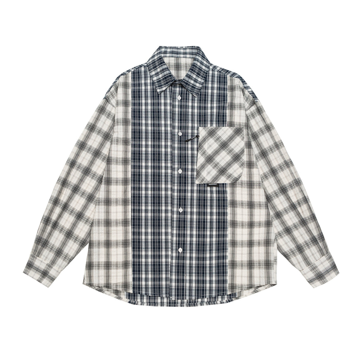 Unisex Oversized Shirt Jacket with Patchwork Check Pattern and Rounded Hem EVA-US