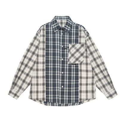 Unisex Oversized Shirt Jacket with Patchwork Check Pattern and Rounded Hem EVA-US