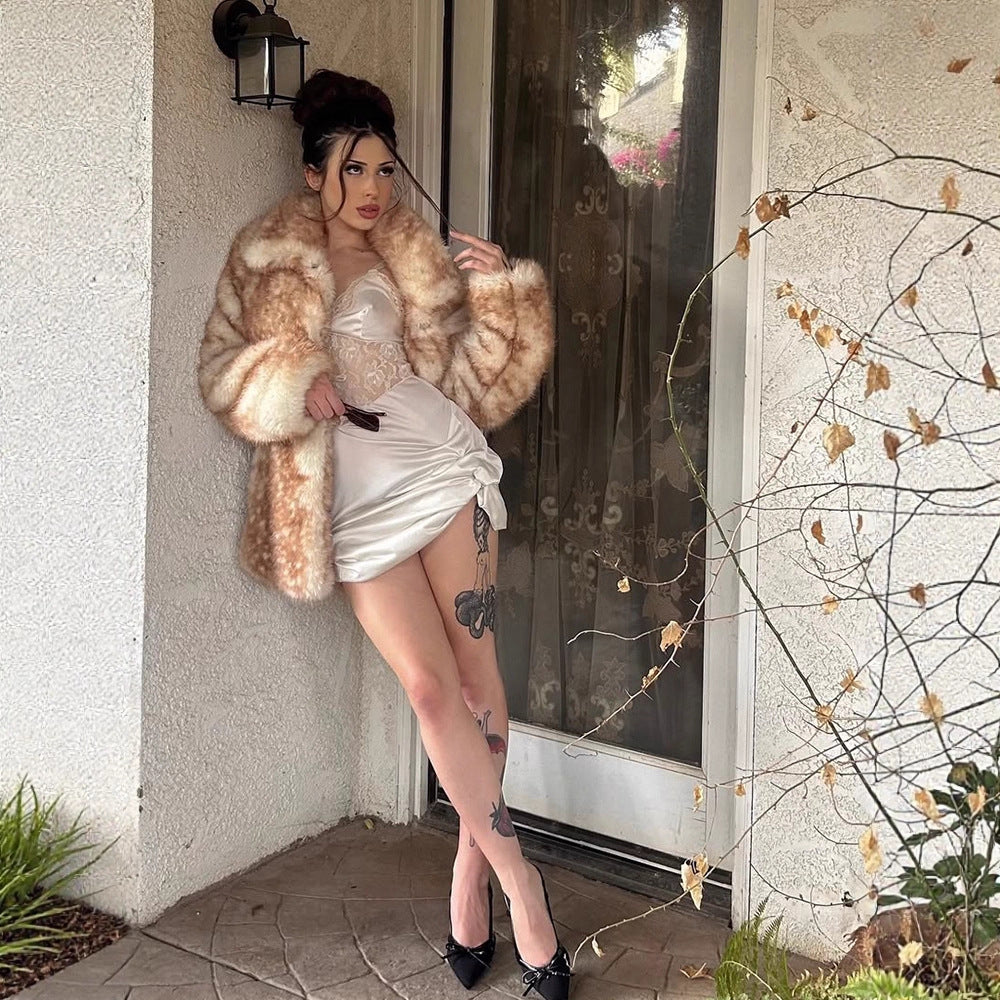 Women's Mid-length Plush Faux Fur Coat with Voluminous Shawl Collar and Boxy Silhouette EVA-US