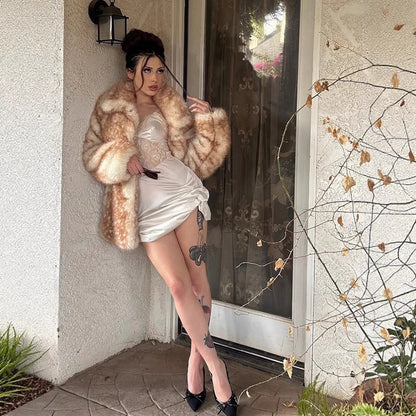 Women's Mid-length Plush Faux Fur Coat with Voluminous Shawl Collar and Boxy Silhouette EVA-US