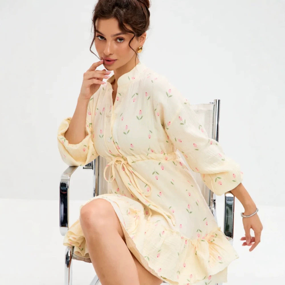 Ladies Floral Cotton Mini Dress with Waist Lacing and Ruffle Hem EVA-US