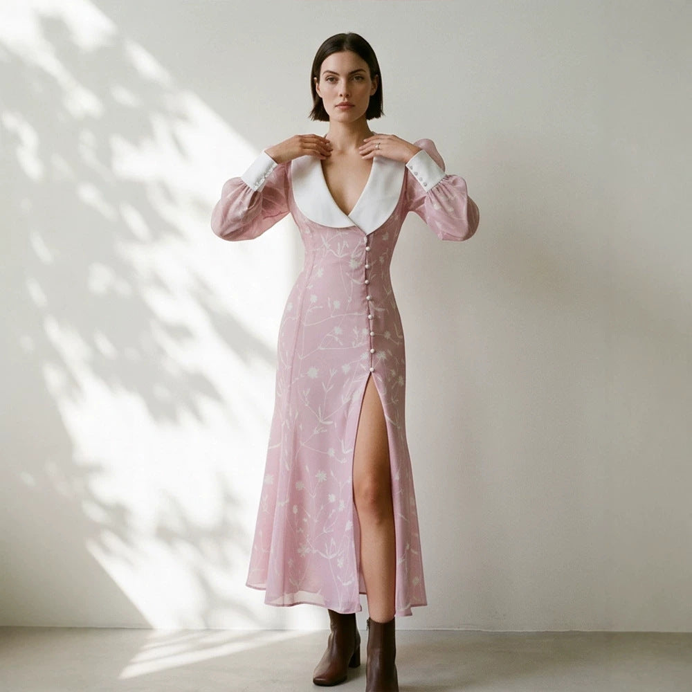 Women’s midi dress with deep shawl collar, puff sleeves and side slit EVA-US