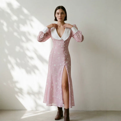Women’s midi dress with deep shawl collar, puff sleeves and side slit EVA-US