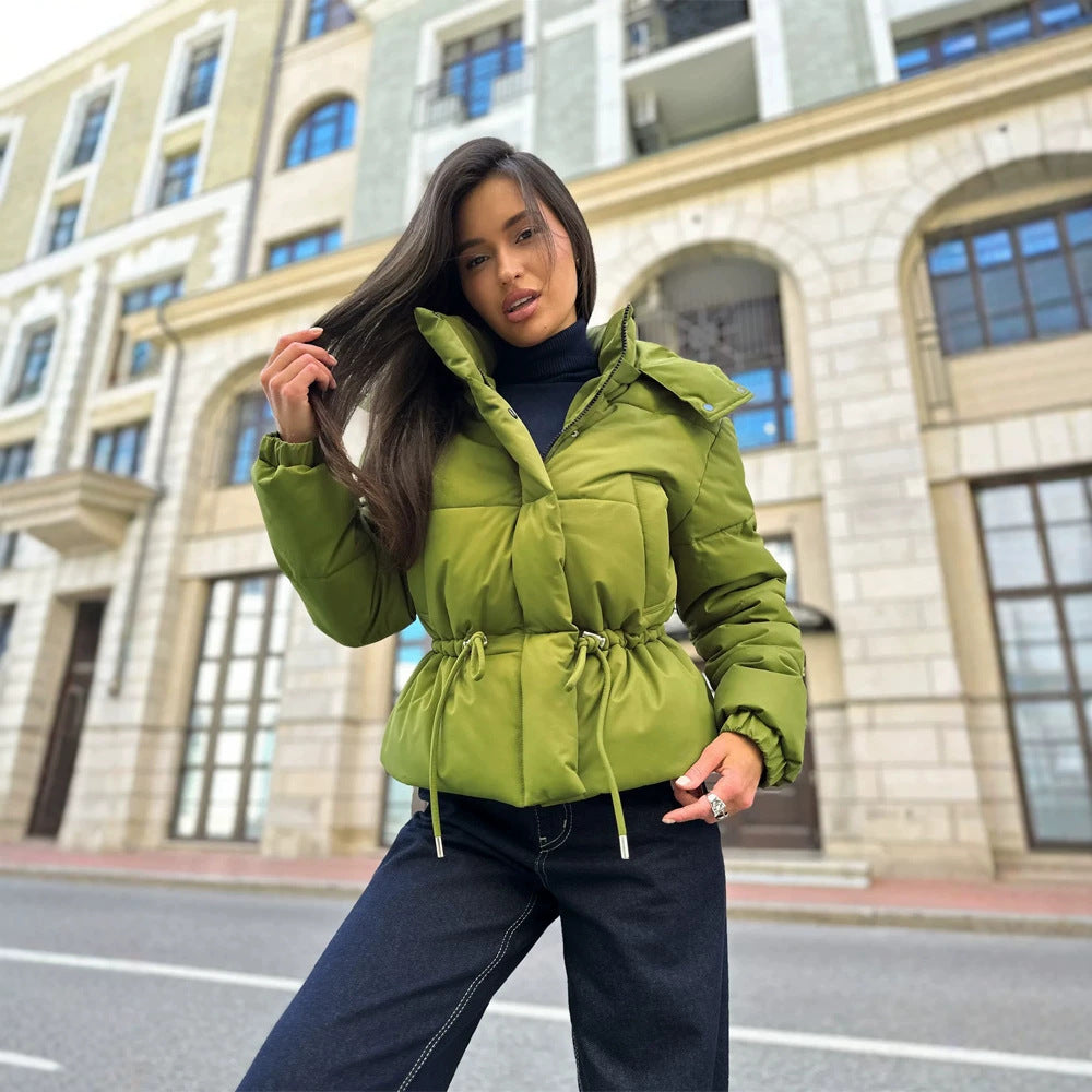 Women’s short padded hooded jacket with waist drawstring and high stand-up collar EVA-US
