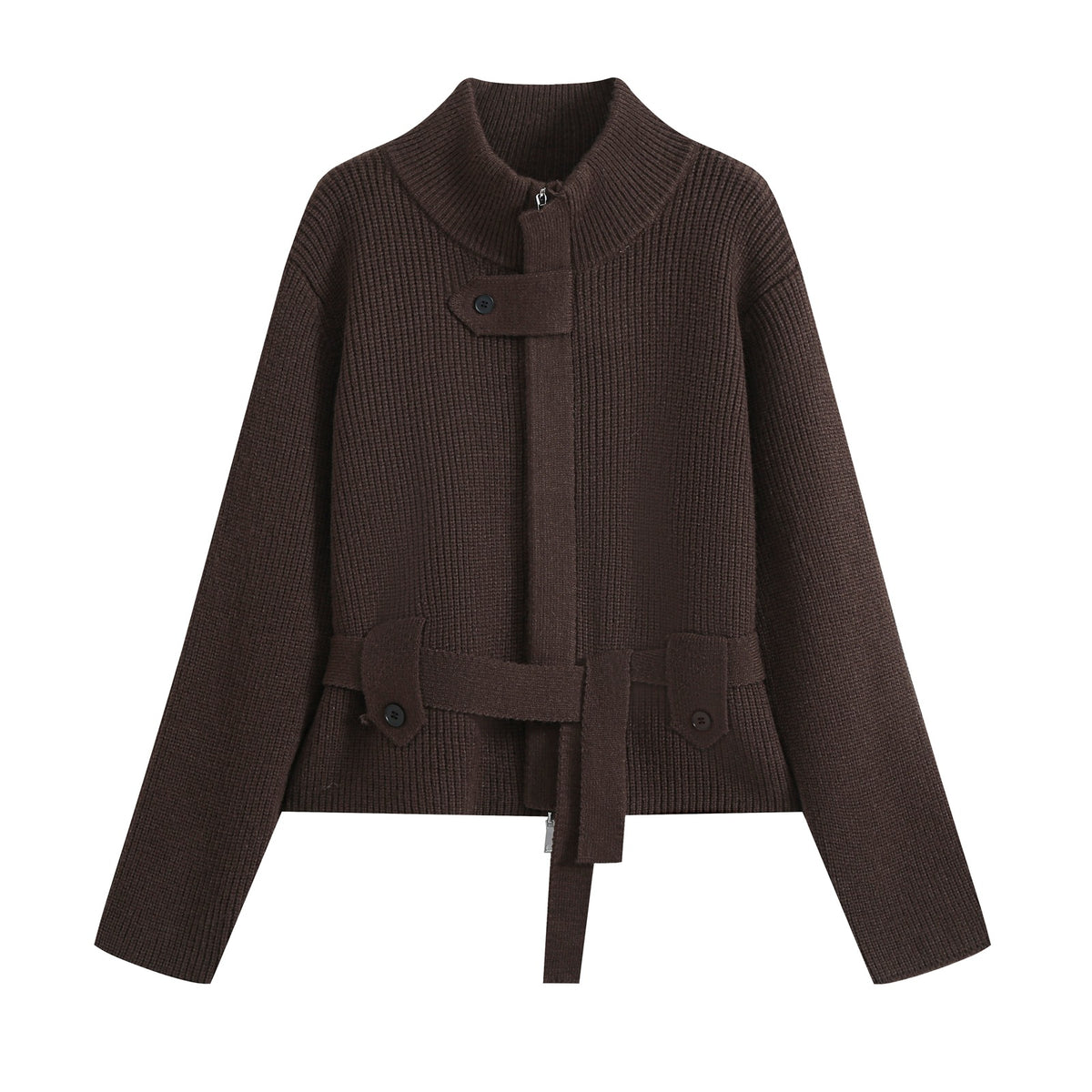 Women's cardigan with stand collar, zipper and waist tie belt EVA-US