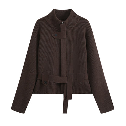 Women's cardigan with stand collar, zipper and waist tie belt EVA-US