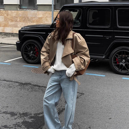 Women's short jacket in oversized look with wide lapels and drawstring waist EVA-US