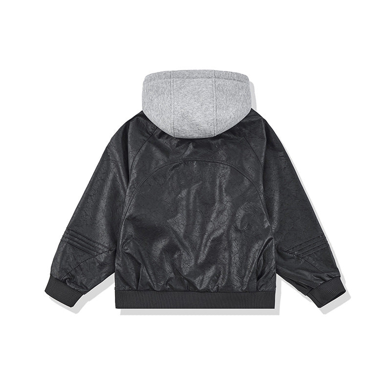 Unisex Wide Cut Faux Leather Bomber Jacket with Contrast Hood and Ribbed Cuffs EVA-US