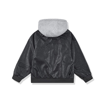 Unisex Wide Cut Faux Leather Bomber Jacket with Contrast Hood and Ribbed Cuffs EVA-US
