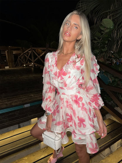 Ladies Romantic Ruffle Mini Dress with Floral Chiffon Look and Tailored Silhouette EVA-US