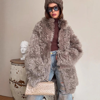 Women Oversize Faux Fur Coat with Curly Teddy Look and Wide Boxy Silhouette EVA-US