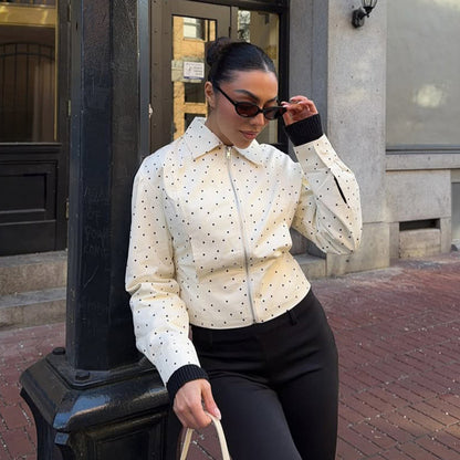 Women's tailored short jacket with polka-dot perforation, shirt collar, and concealed zipper EVA-US