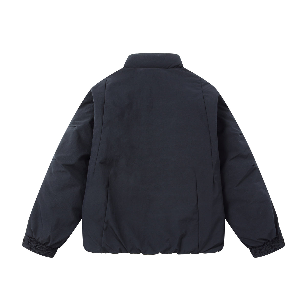 Men's short puffer jacket with protective stand-up collar, concealed zipper, and elastic hem EVA-US