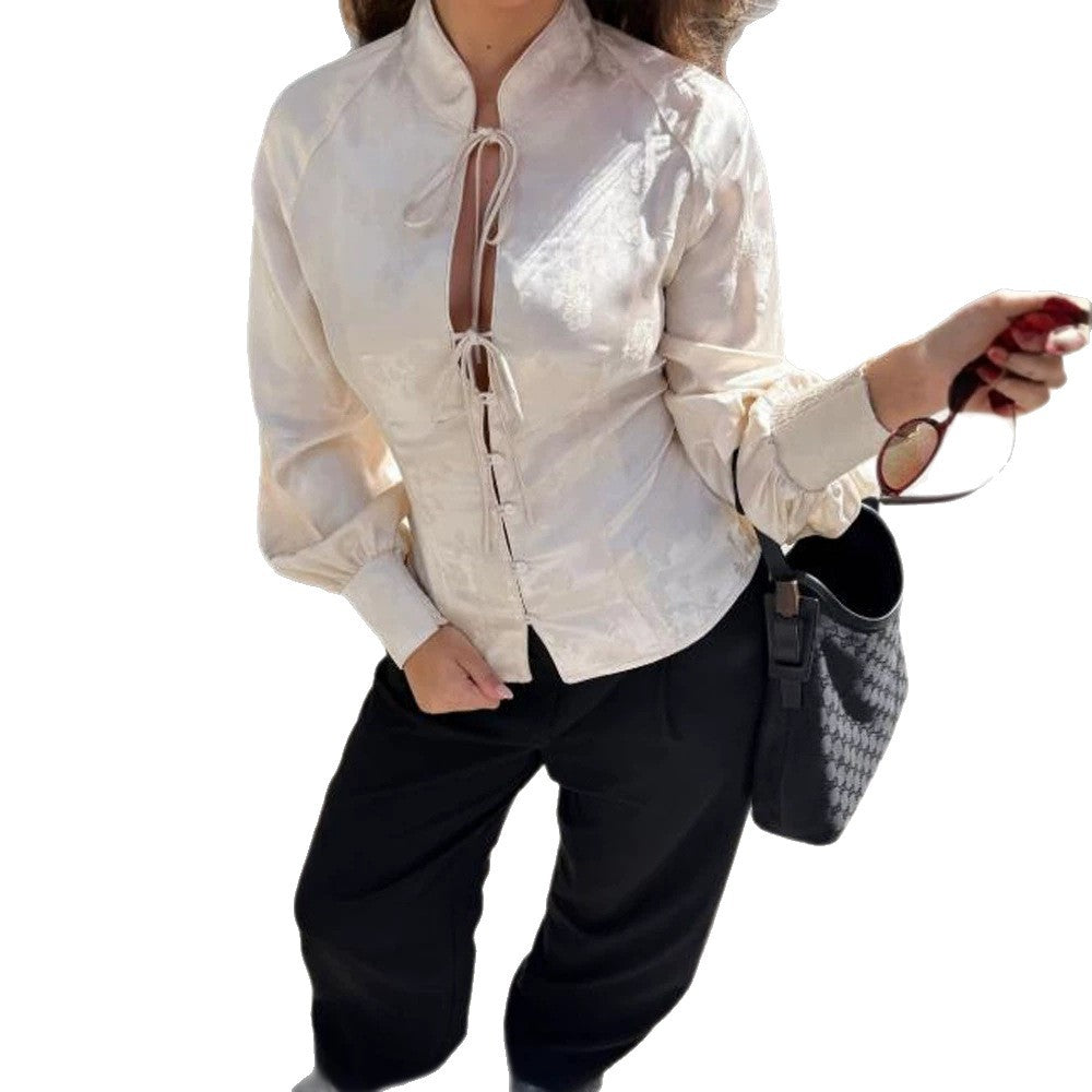Women's Jacquard Satin Blouse with Stand Collar, Tie Ribbons and Tailored Peplum EVA-US