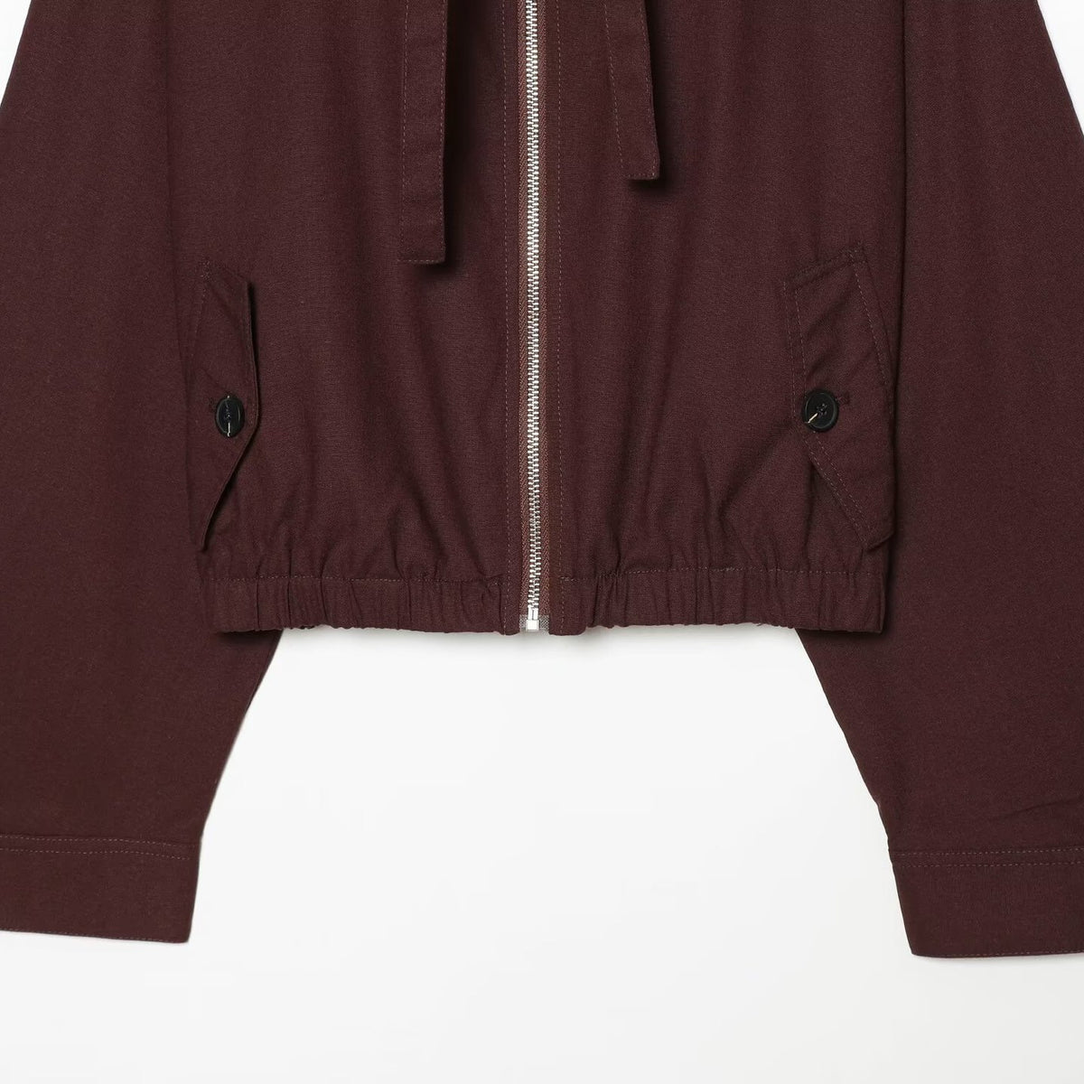 Women's short bomber-style jacket with high funnel collar, concealed zipper, and flap pockets EVA-US