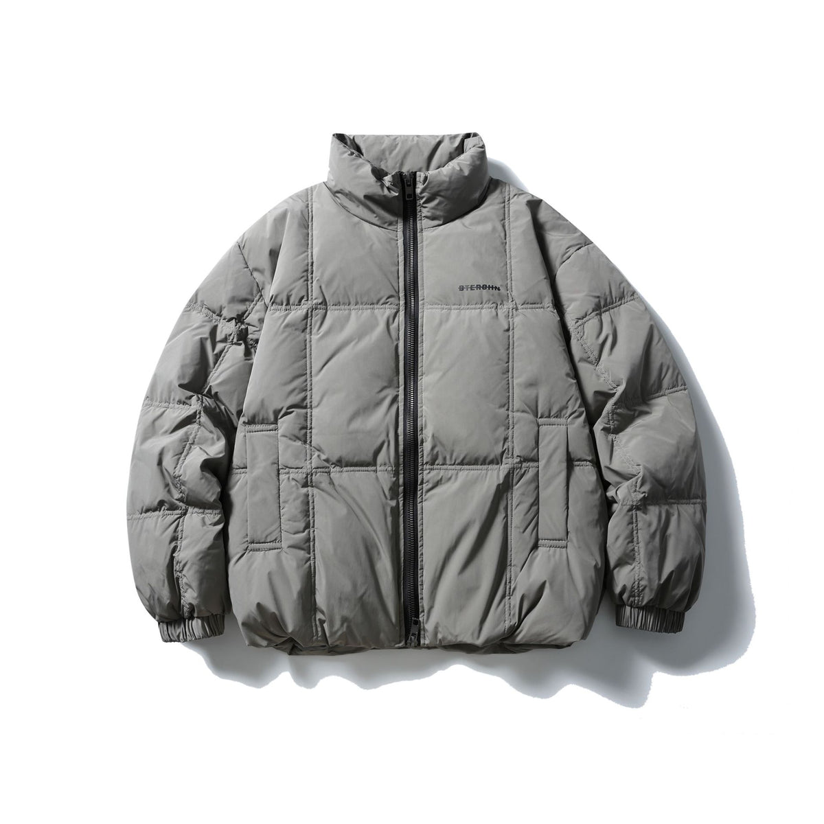 Men's Boxy Quilted Jacket with High Stand-Up Collar, Checked Quilting, and Elastic Hem