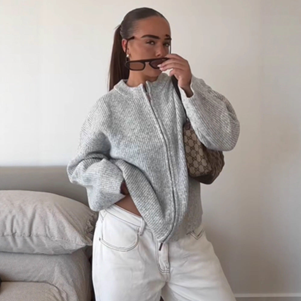 Women Chunky Knit Zipper Cardigan with Oversized Cut EVA-US