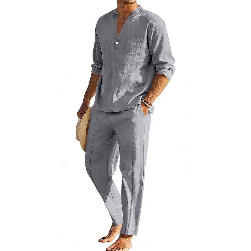 Men's comfortable linen two-piece with stand-up collar shirt and tapered ankle-length pants EVA-US