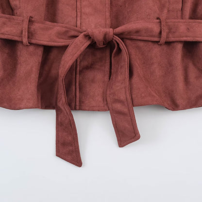 Women's short jacket in velvet look with high funnel collar, concealed closure and waist tie belt EVA-US