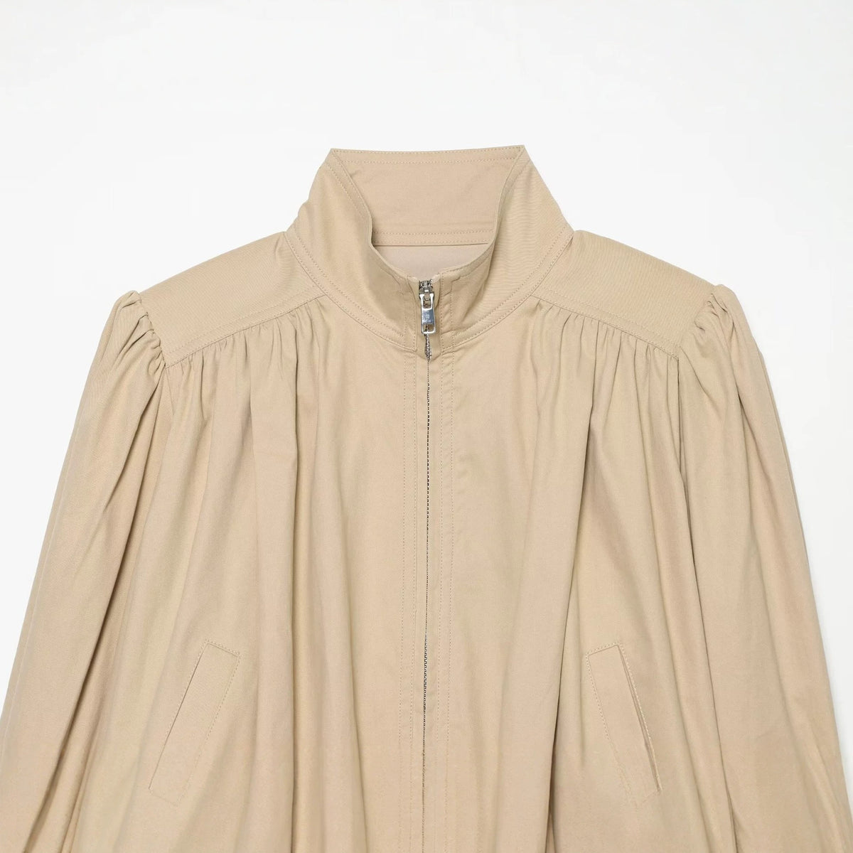 Women’s Lightweight Cropped Jacket with Gathered Shoulders, Stand Collar and Zipper EVA-US