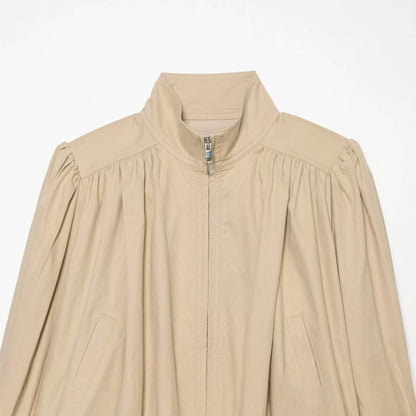 Women’s Lightweight Cropped Jacket with Gathered Shoulders, Stand Collar and Zipper EVA-US