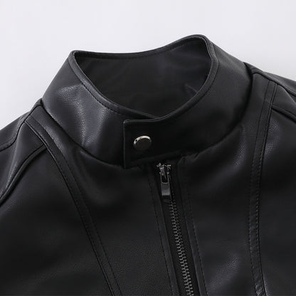 Men's Short Boxy Mock-Leather Jacket with Geometric Seam Design EVA-US