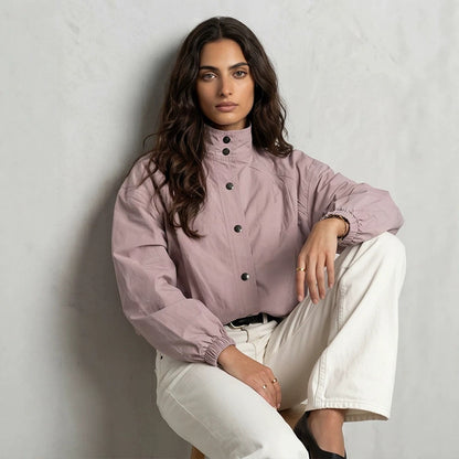 Ladies Short Boxy Bomber Jacket with Stand Collar and Snap Button Closure EVA-US