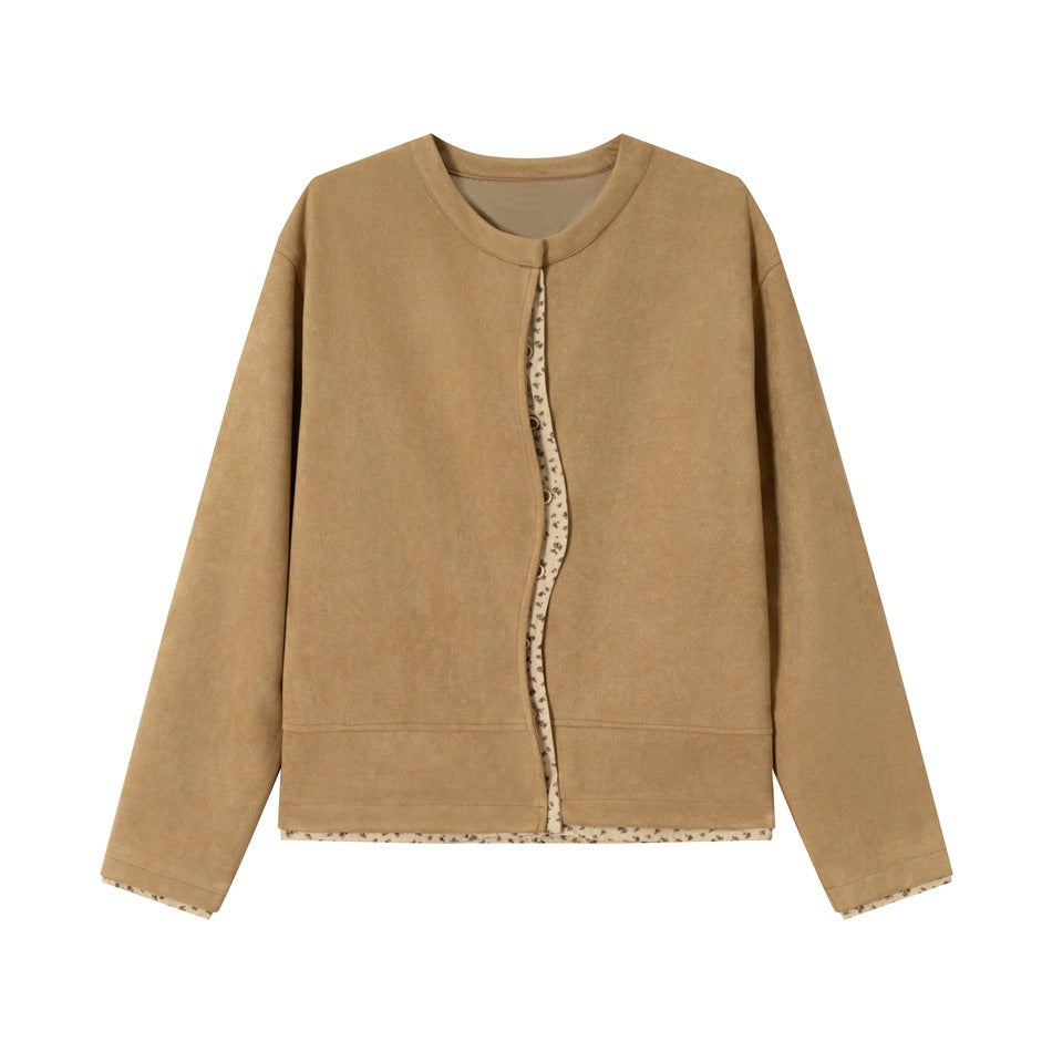 Women's short-cut suede-look blouson jacket with round neck, concealed button placket, and floral inner lining EVA-US