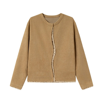 Women's short-cut suede-look blouson jacket with round neck, concealed button placket, and floral inner lining EVA-US